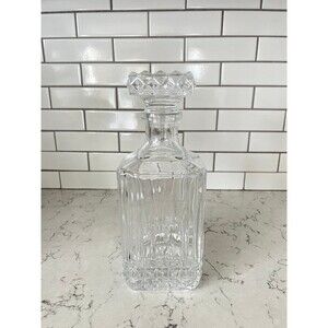Vintage Clear Crystal Glass Square Decanter w/ Stopper Diamond Barware